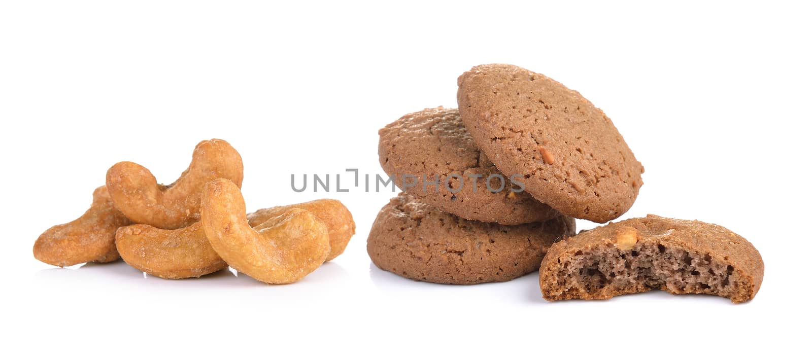  cookie and cashew nut on white background