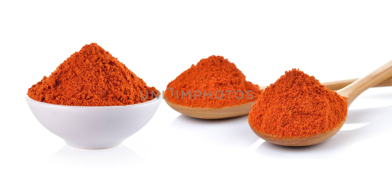 Powdered dried red pepper in a white bowl and wood spoon on white background