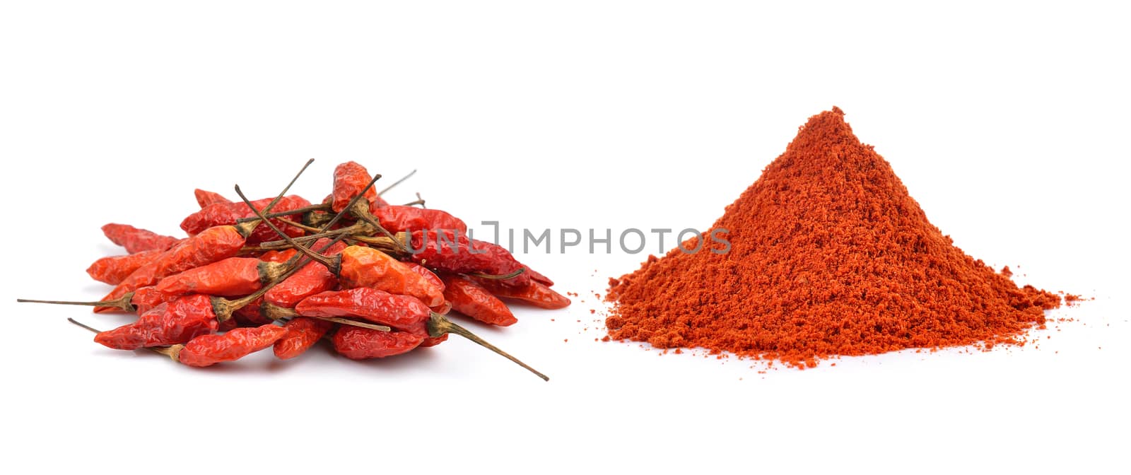 Powdered dried red pepper on white background