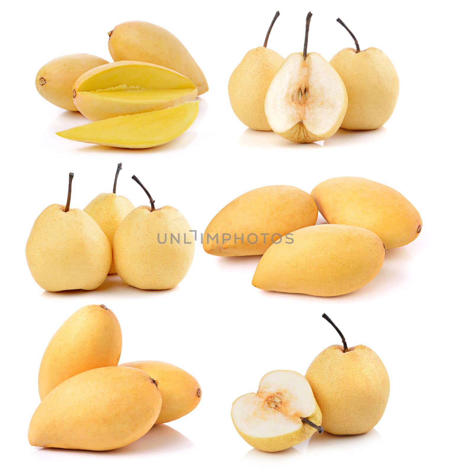 Ripe mango and pear on white background by sommai