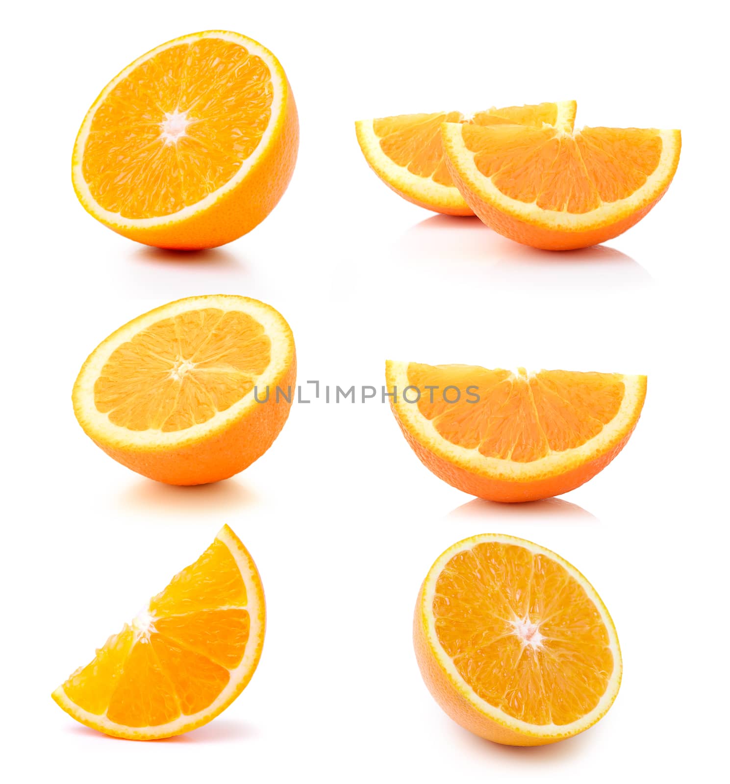Half orange fruit on white background by sommai
