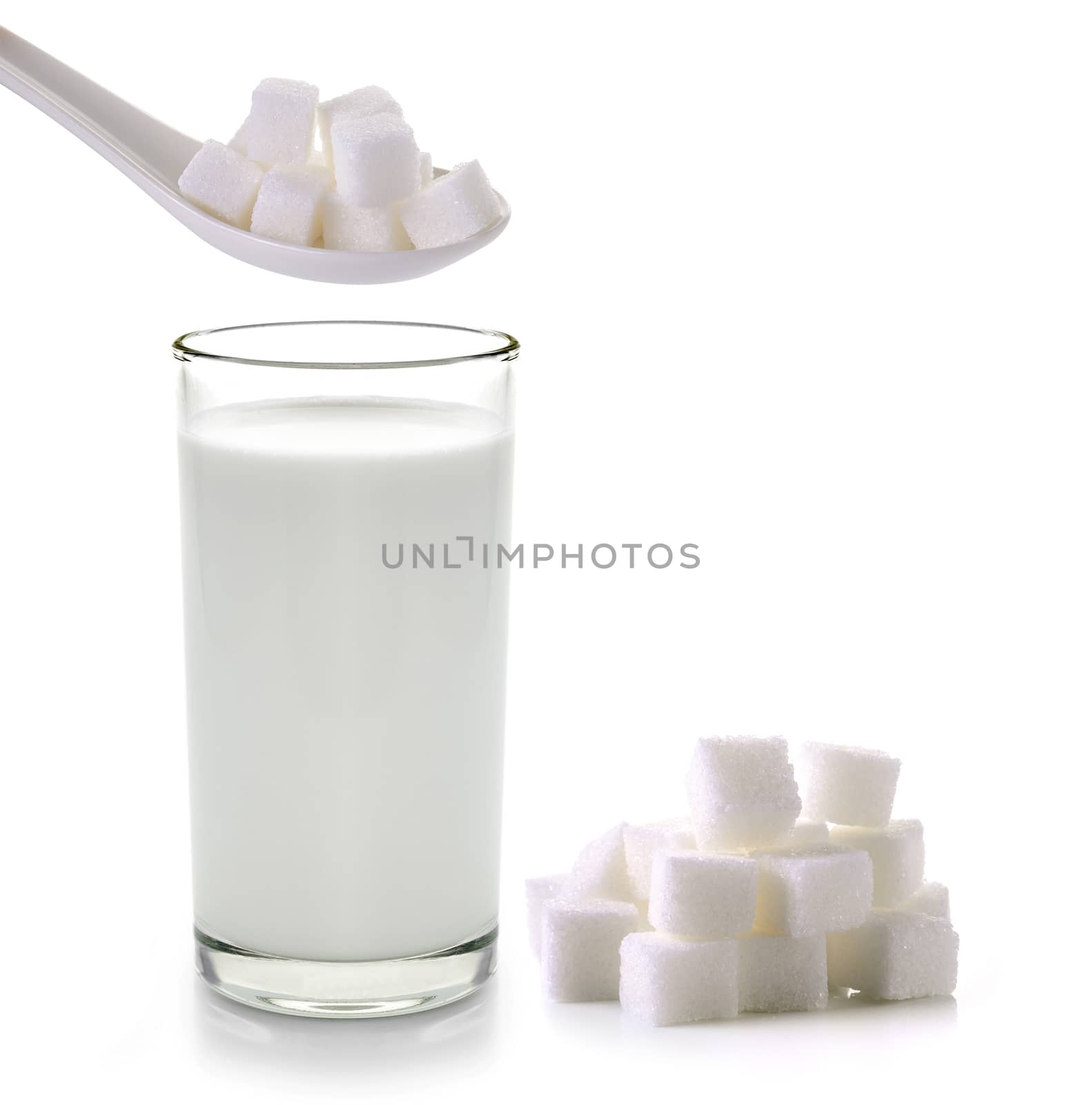 glass of milk  with sugar on a white background by sommai