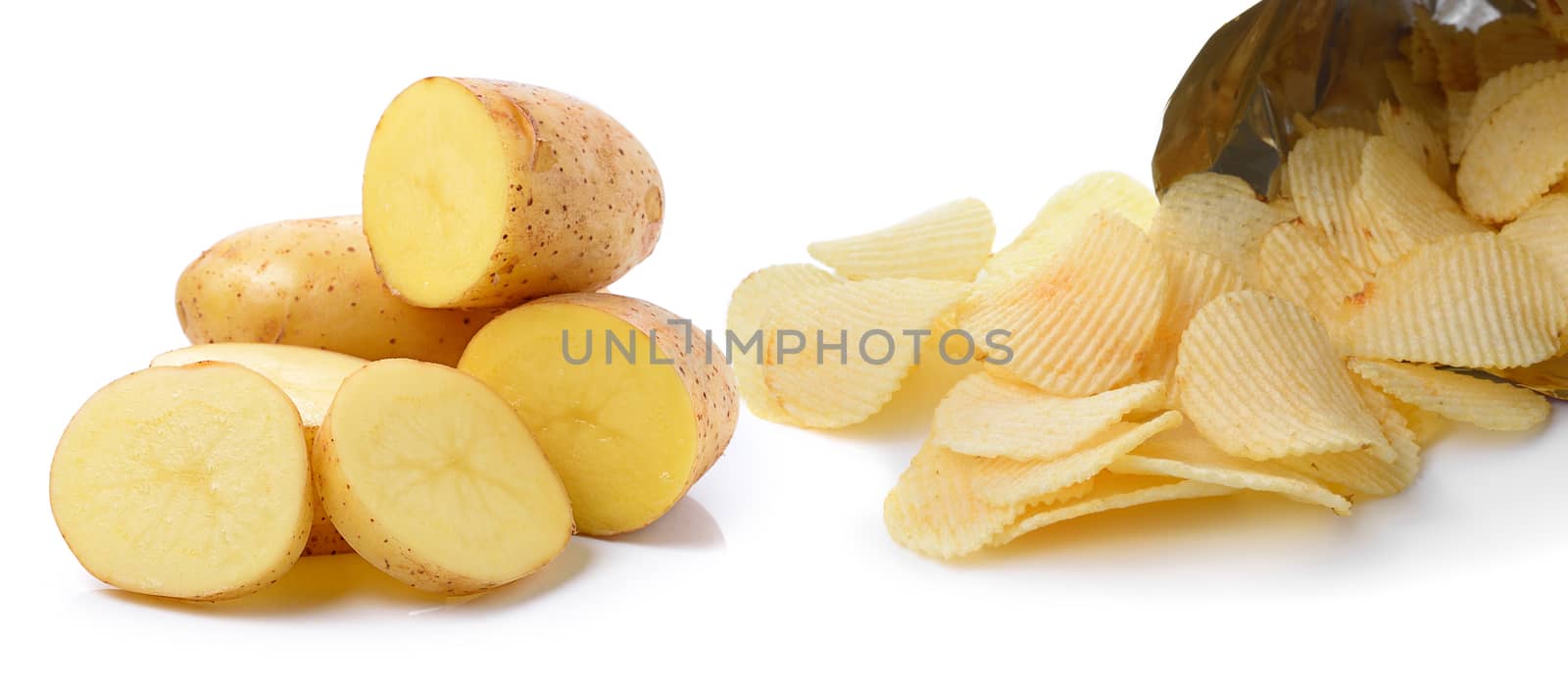 potato and Potato chips isolated on white background by sommai