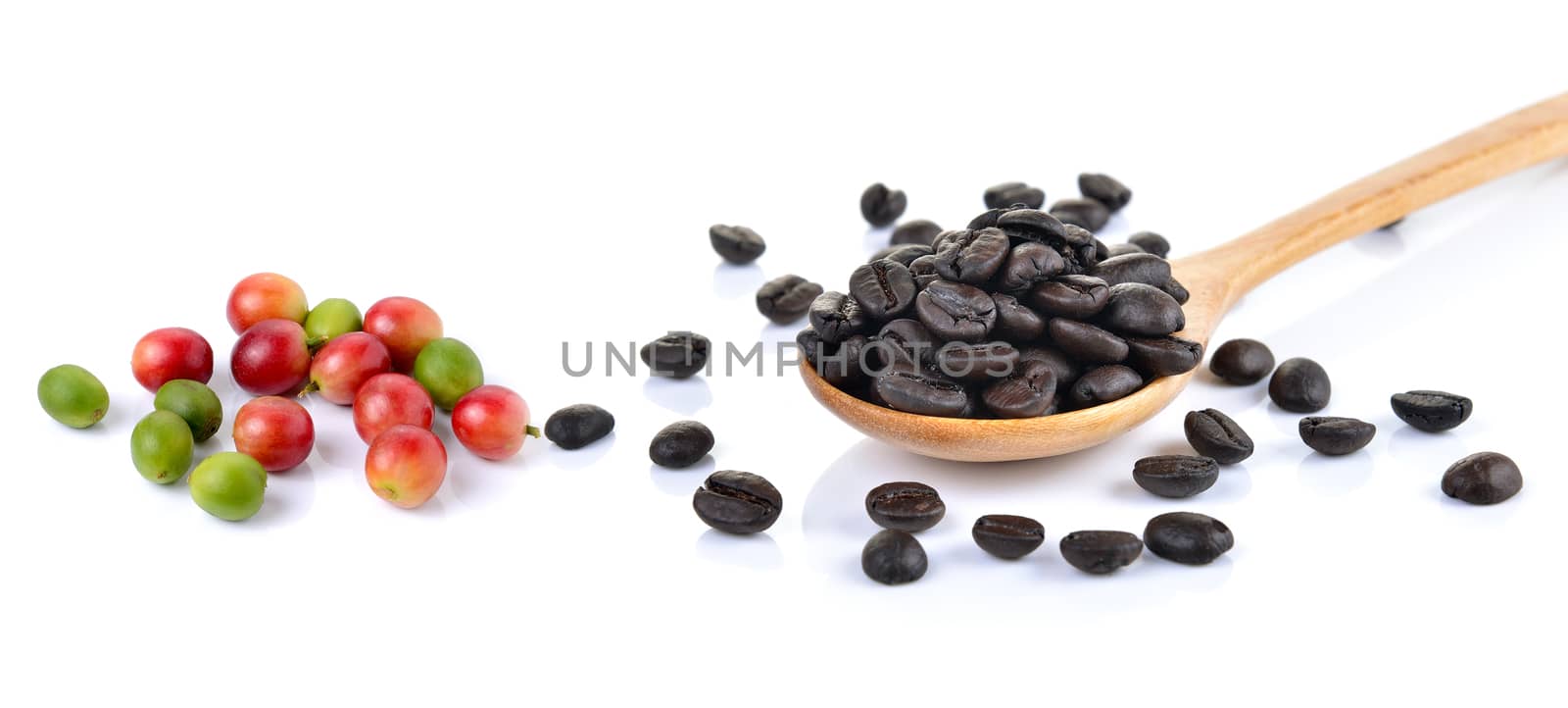  coffee beans with wooden spoon isolated on white backgroun by sommai