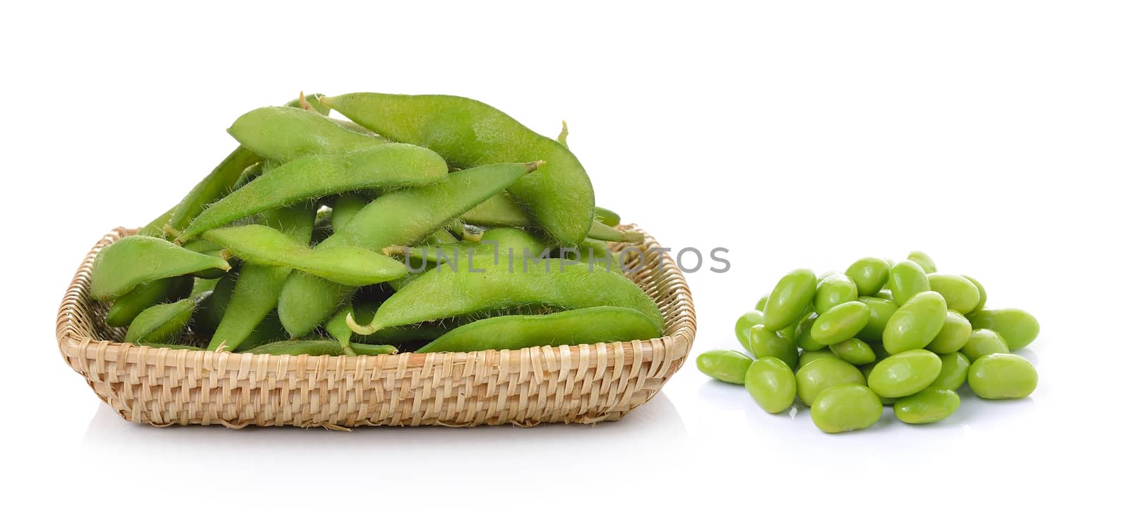 green soybeans in the basket on white background