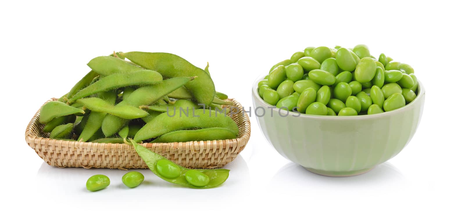 green soybeans in the basket and bowl on white background