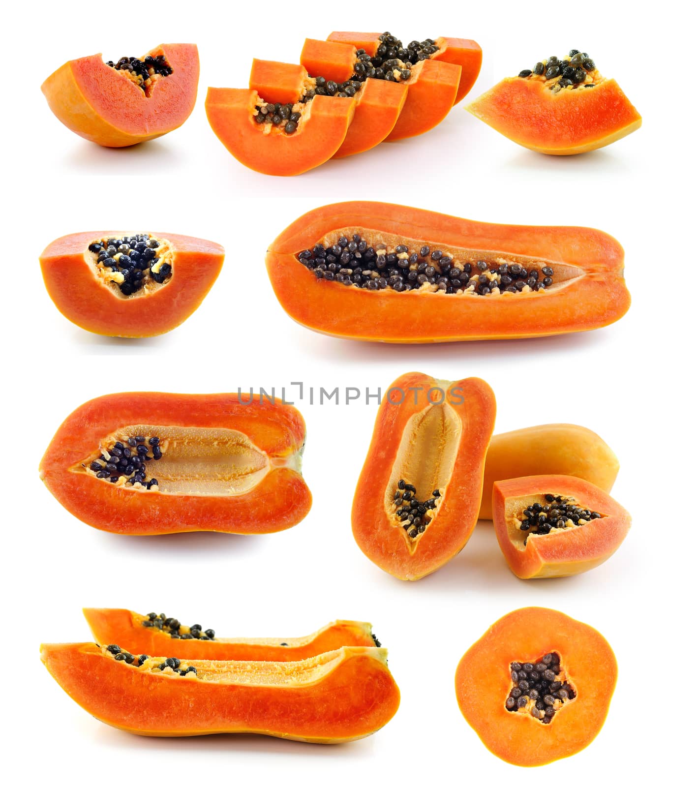 fresh ripe juicy papaya slice  on white background by sommai