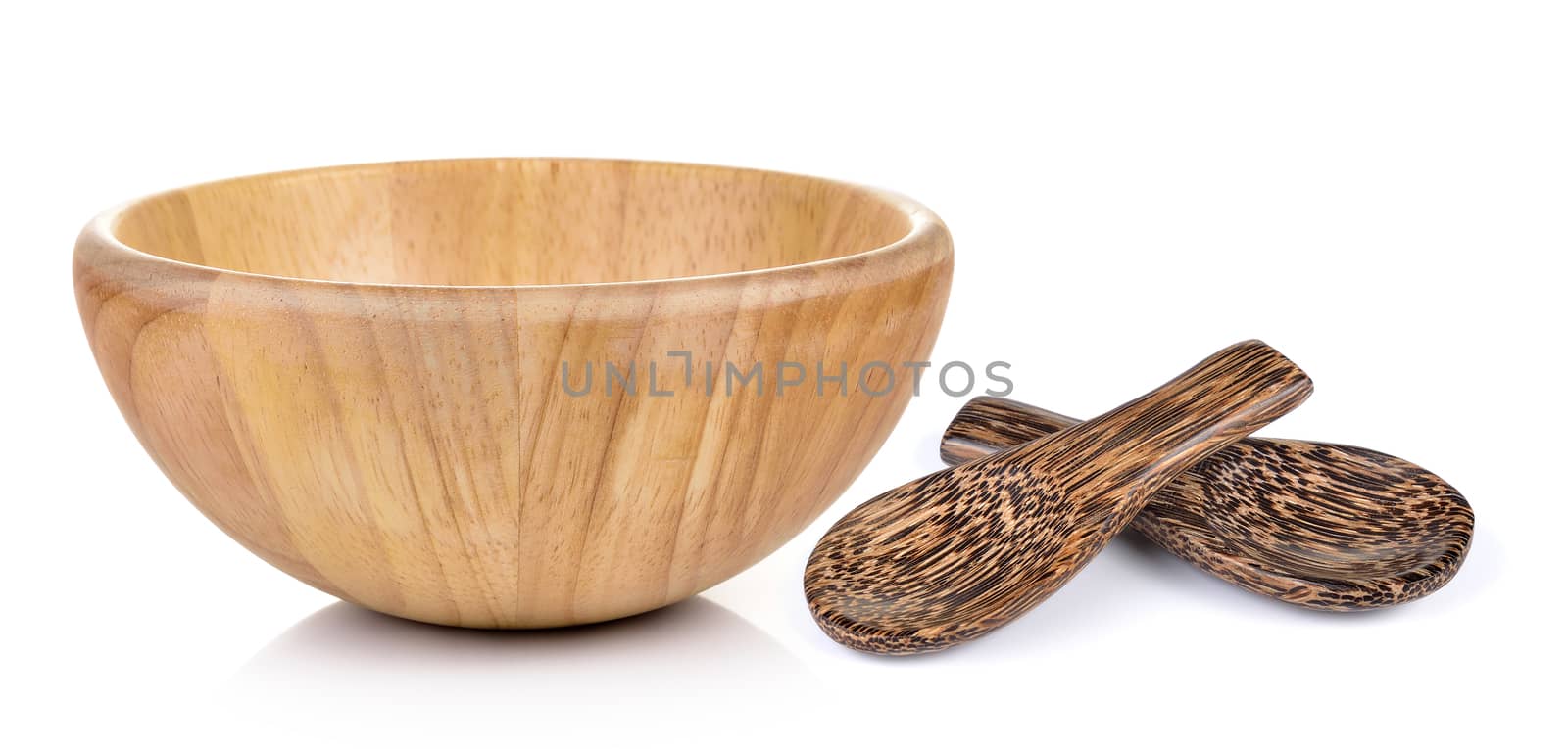 wood bowl and wood spoon on white background by sommai