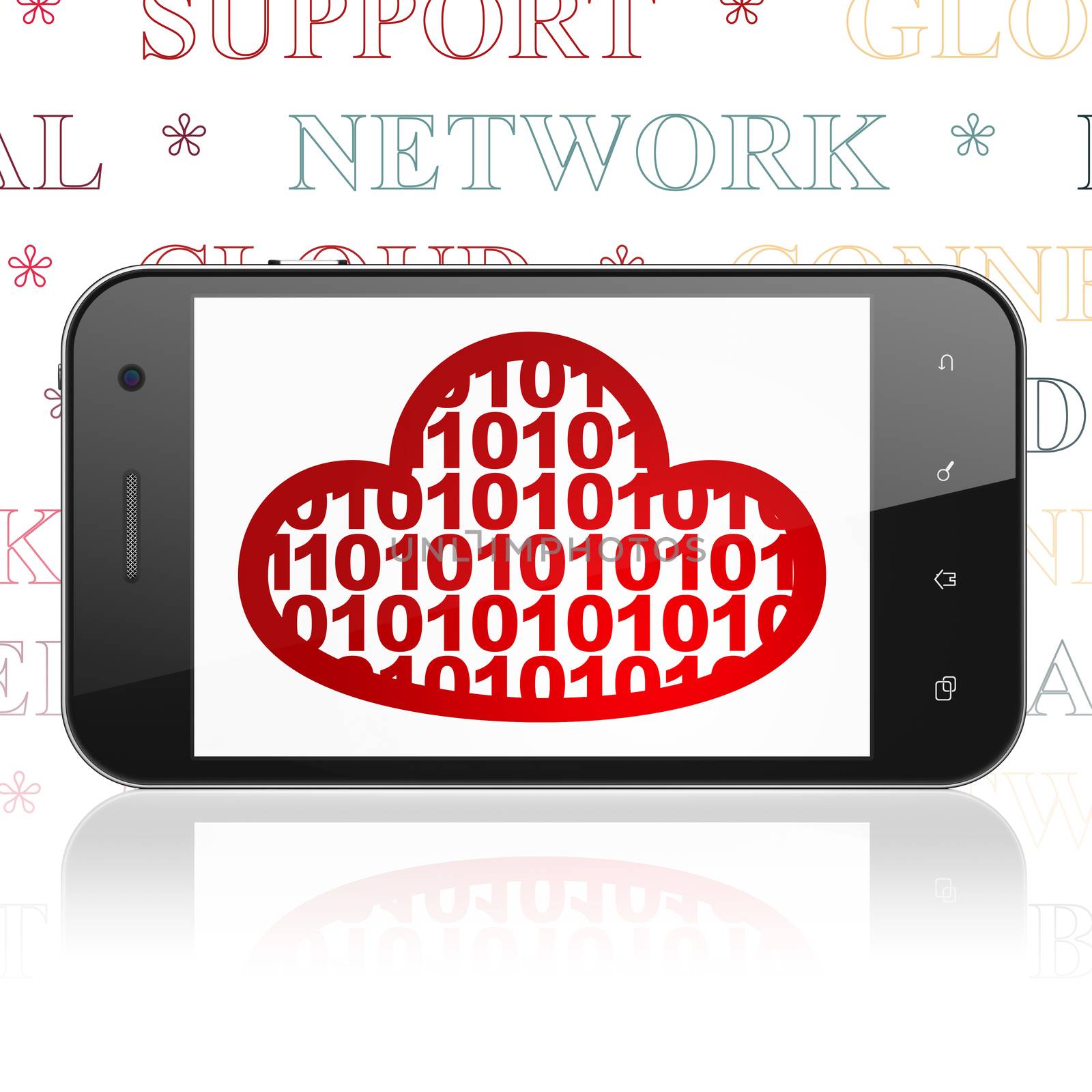 Cloud technology concept: Smartphone with  red Cloud With Code icon on display,  Tag Cloud background, 3D rendering