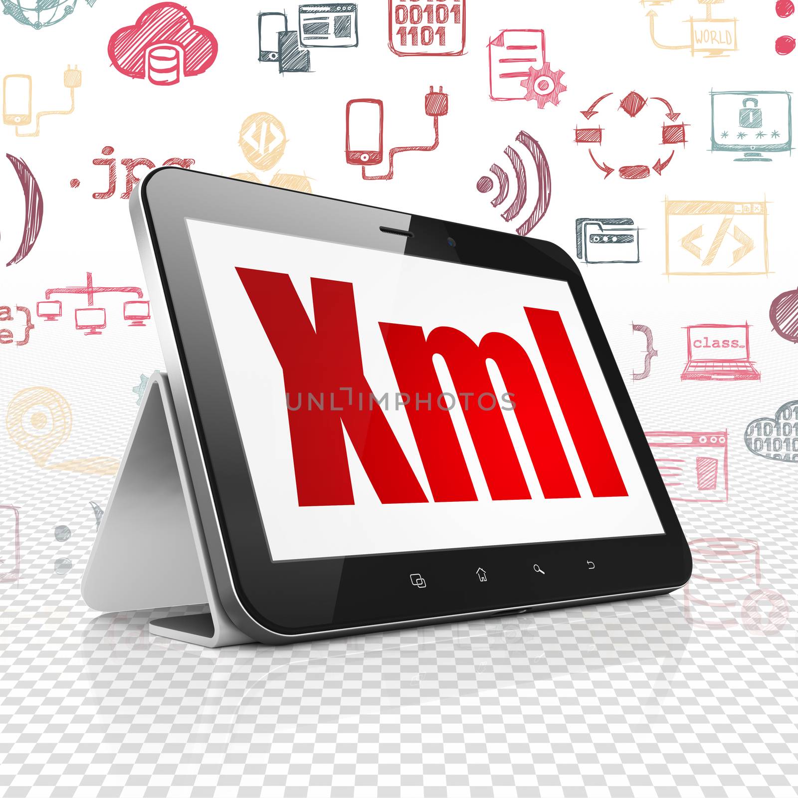 Database concept: Tablet Computer with  red text Xml on display,  Hand Drawn Programming Icons background, 3D rendering