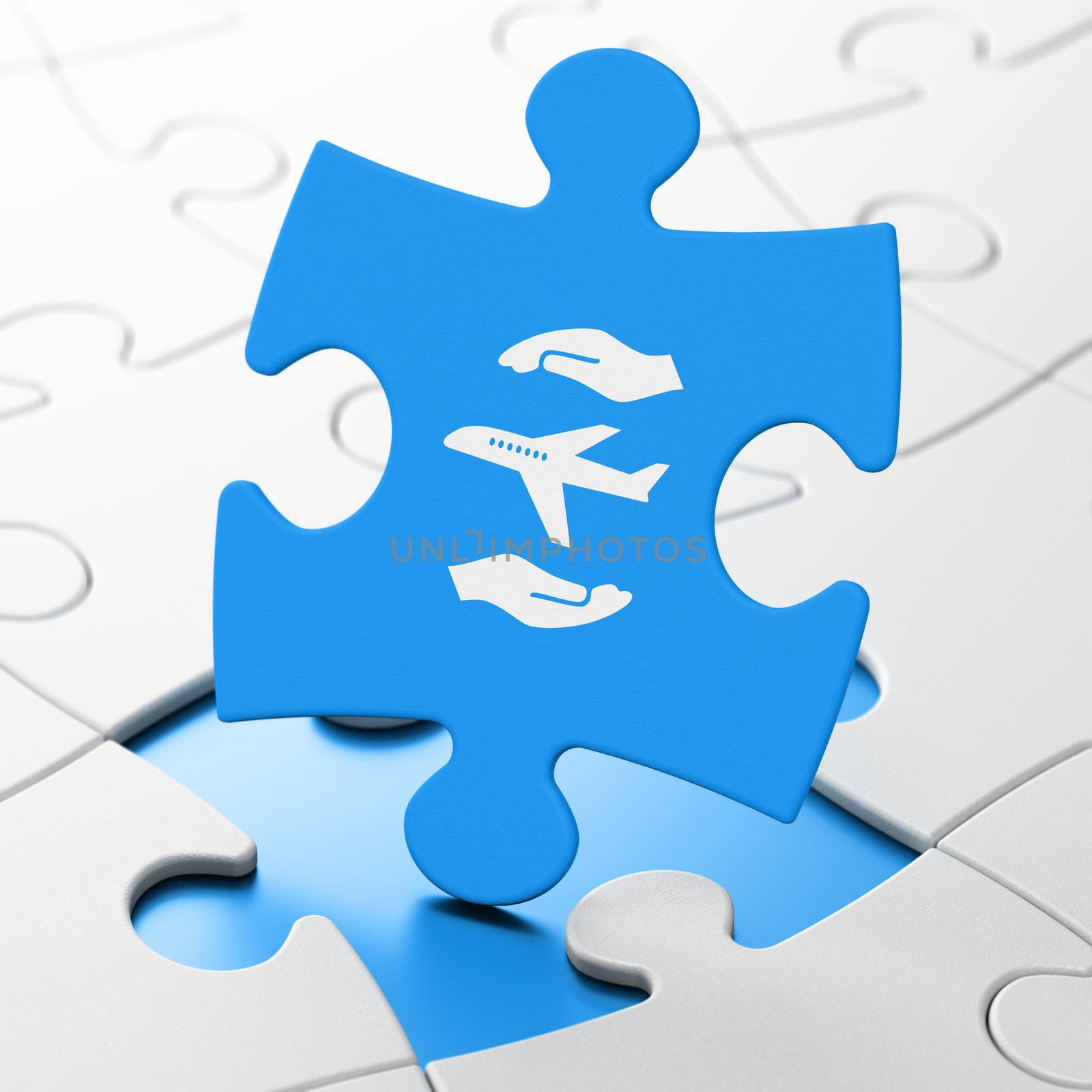 Insurance concept: Airplane And Palm on Blue puzzle pieces background, 3D rendering