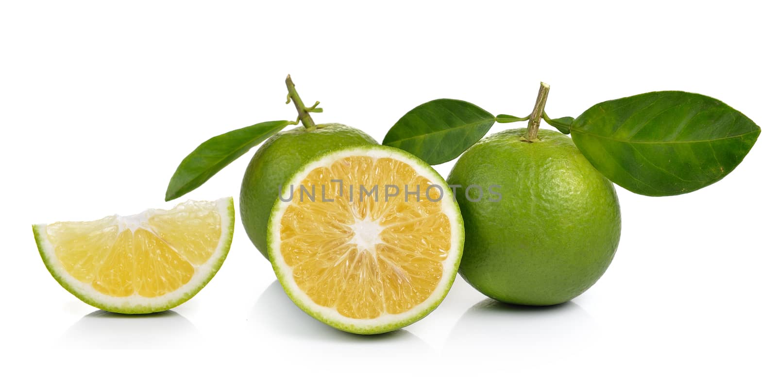 Fresh sweet orange with leaves on white background