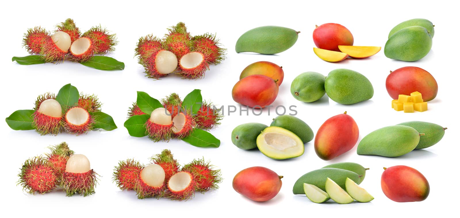 mango and rambutan on white background