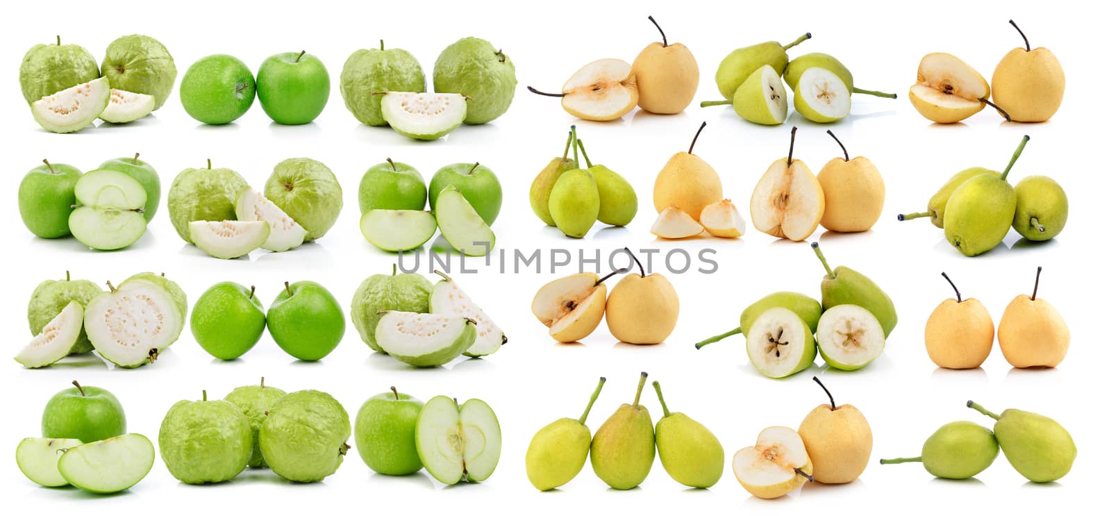 guava  apple and pear on white background