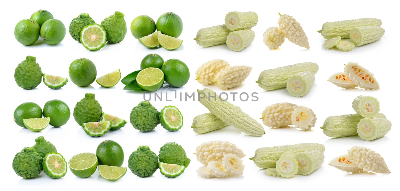 white bitter melon and Bergamot fruit and lime on a white background