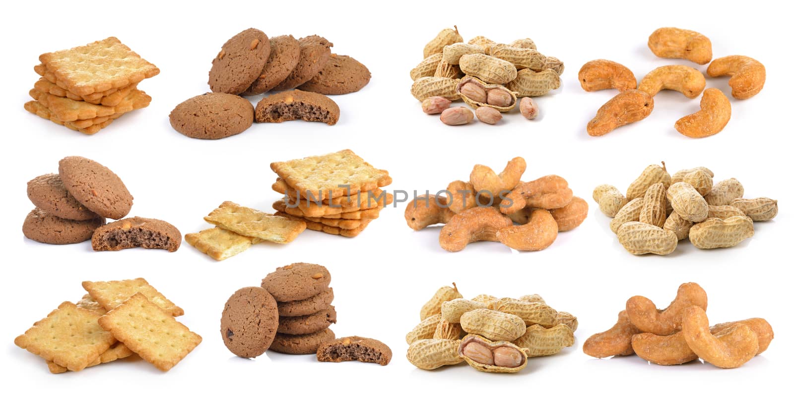 salted cashew nut ,peanut  cookie and Cracker on white background