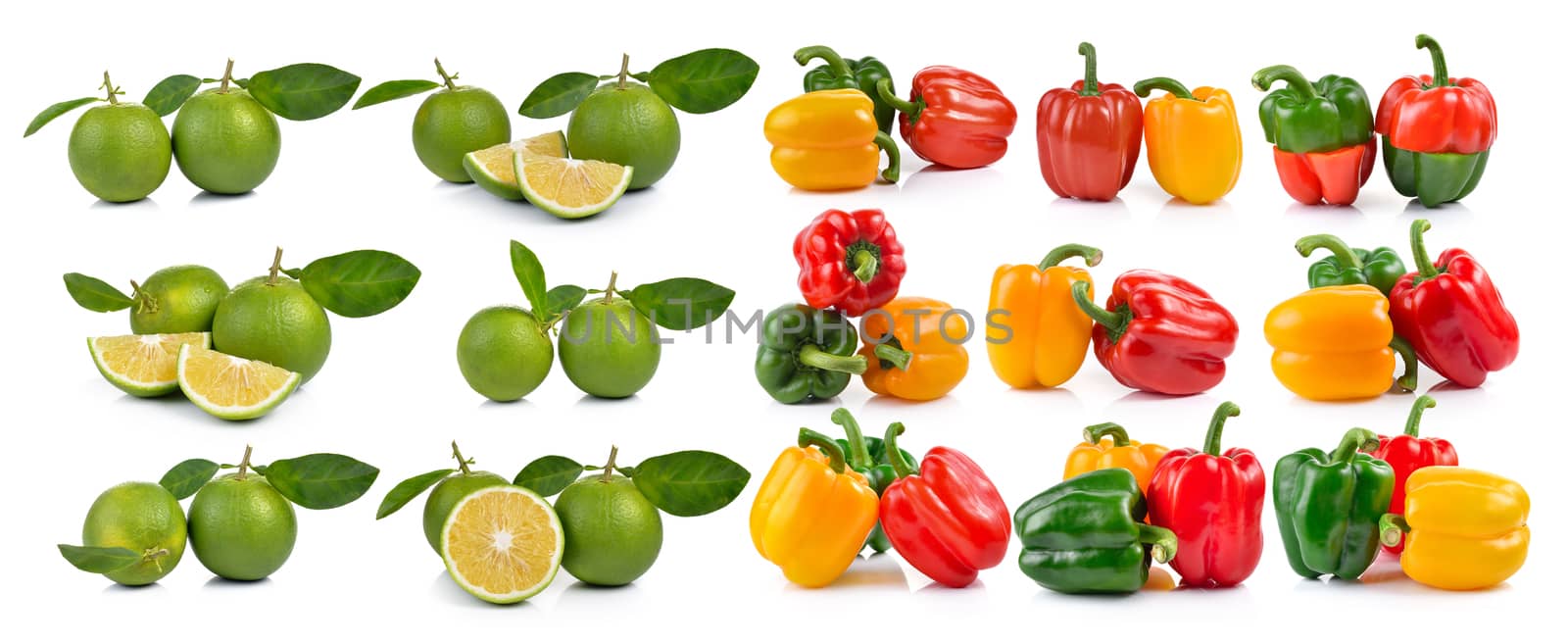  set of pepper and Fresh sweet orange with leaves on white background