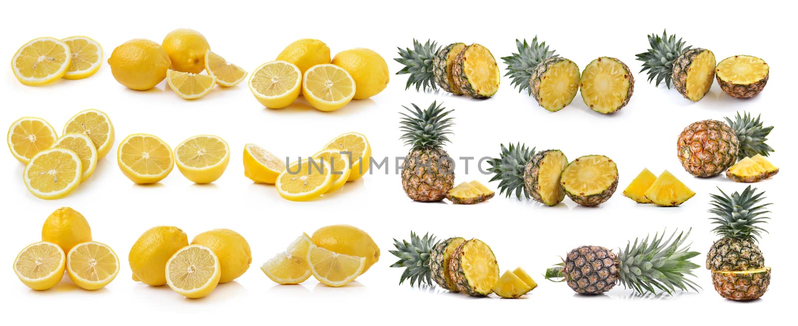 Fresh lemon and pineapple on white background