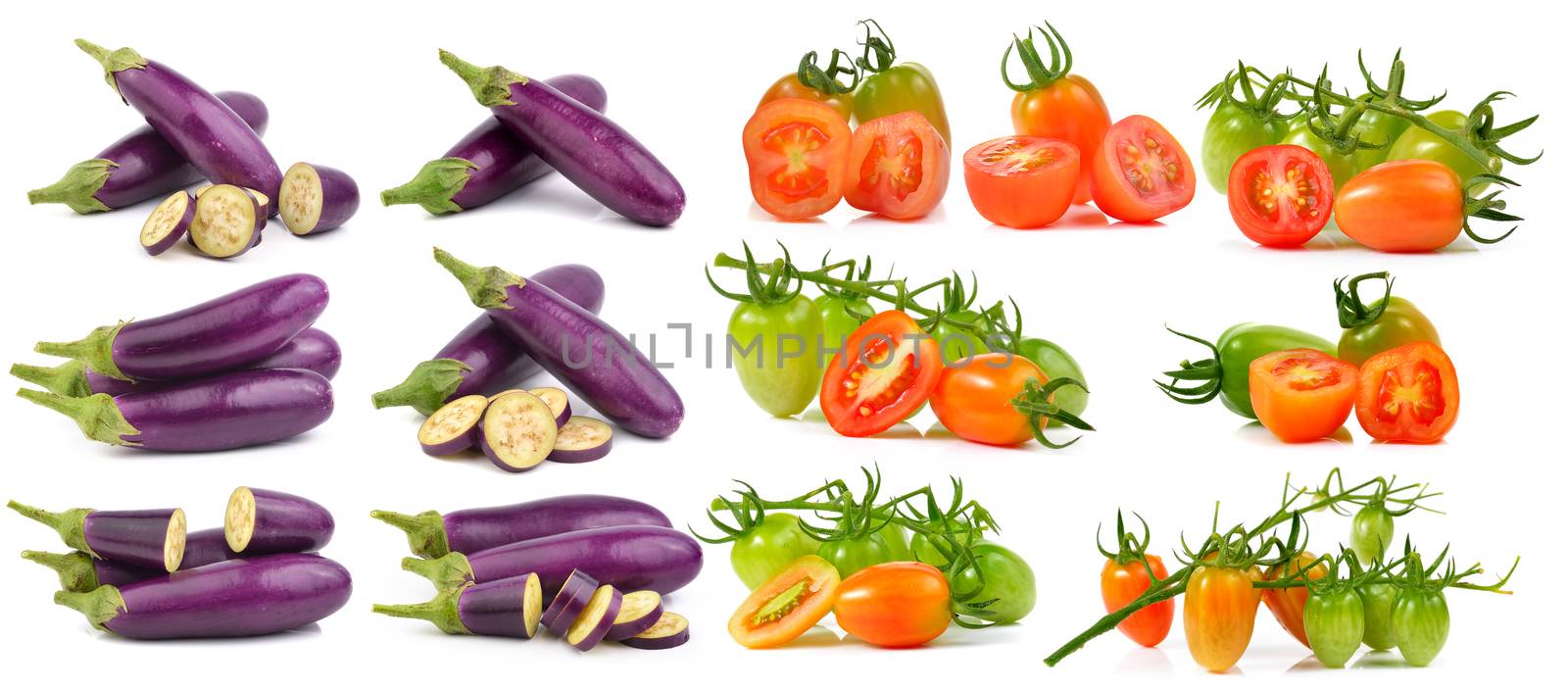set of eggplant and set of cherry tomatoes isolated on white background