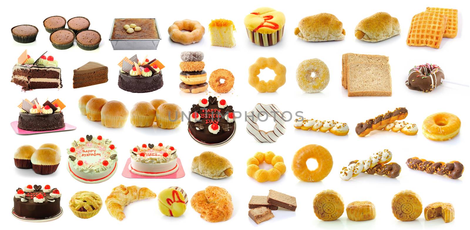 Bread, donuts, cakes, bread, sausage,  Mooncakes isolated on white background