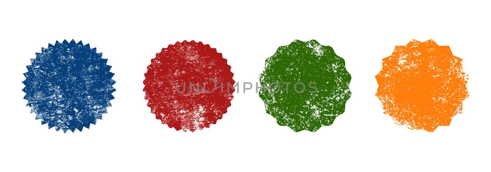 Close up for different colorful retro seal grunge stamp badge shapes isolated on white background