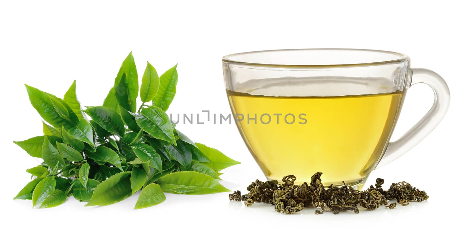 Glass cup of  green tea isolated on white background