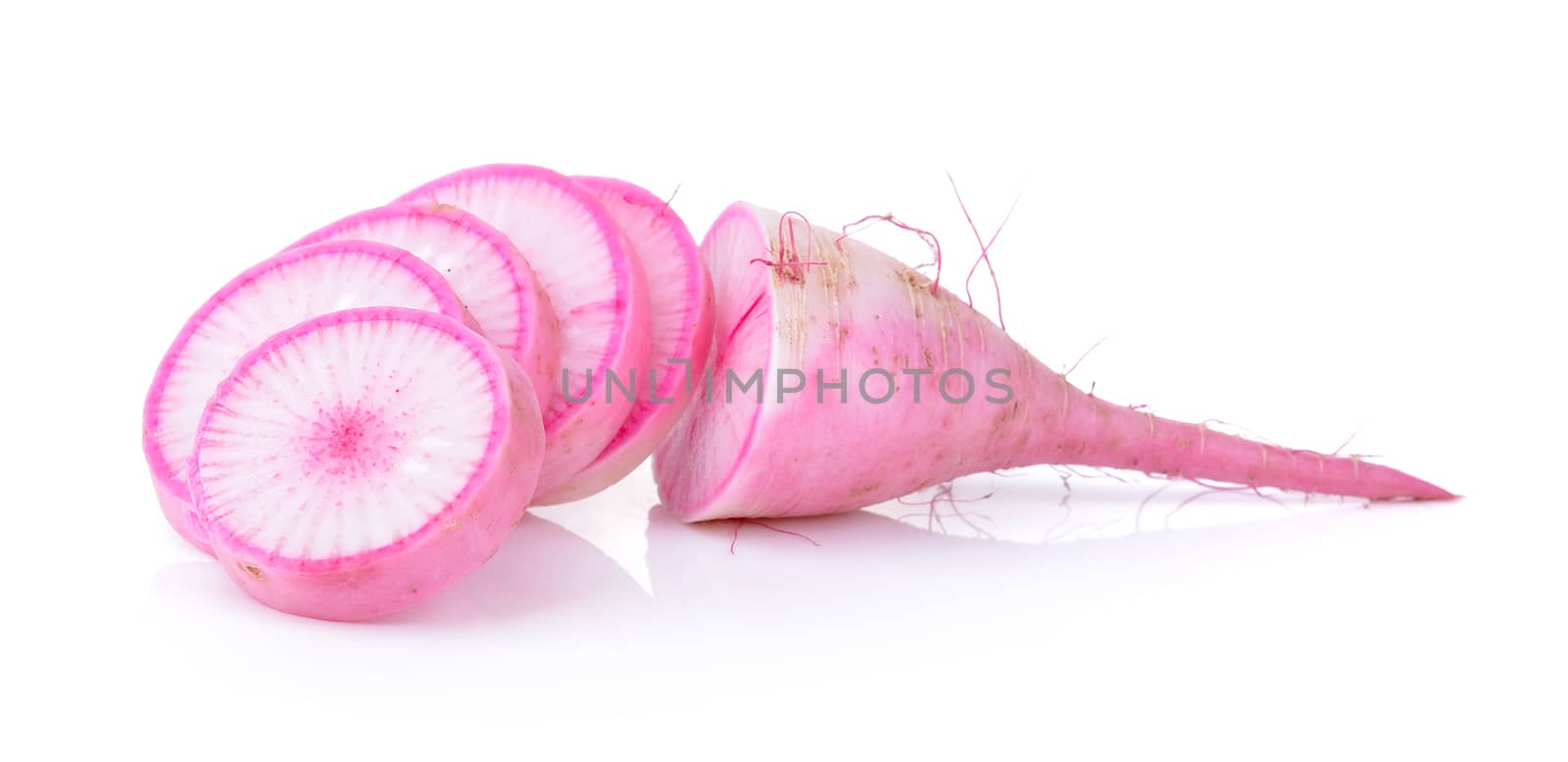 slice radishes isolated on white background by sommai