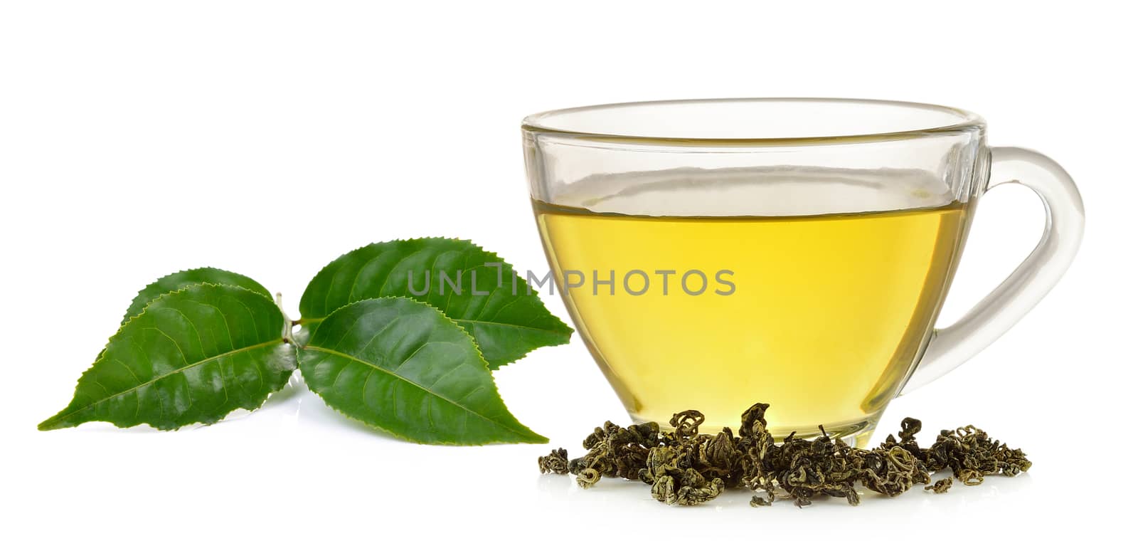 Glass cup of  green tea and mint isolated on white background