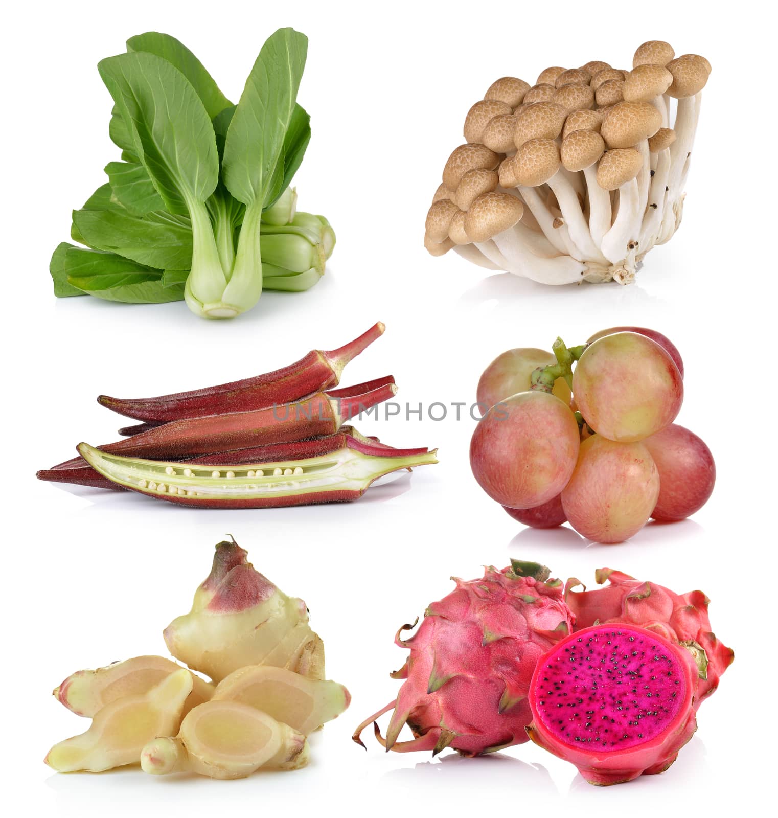 Bok choy,roselle, grapeginger, dragon fruit , mushrooms on white background