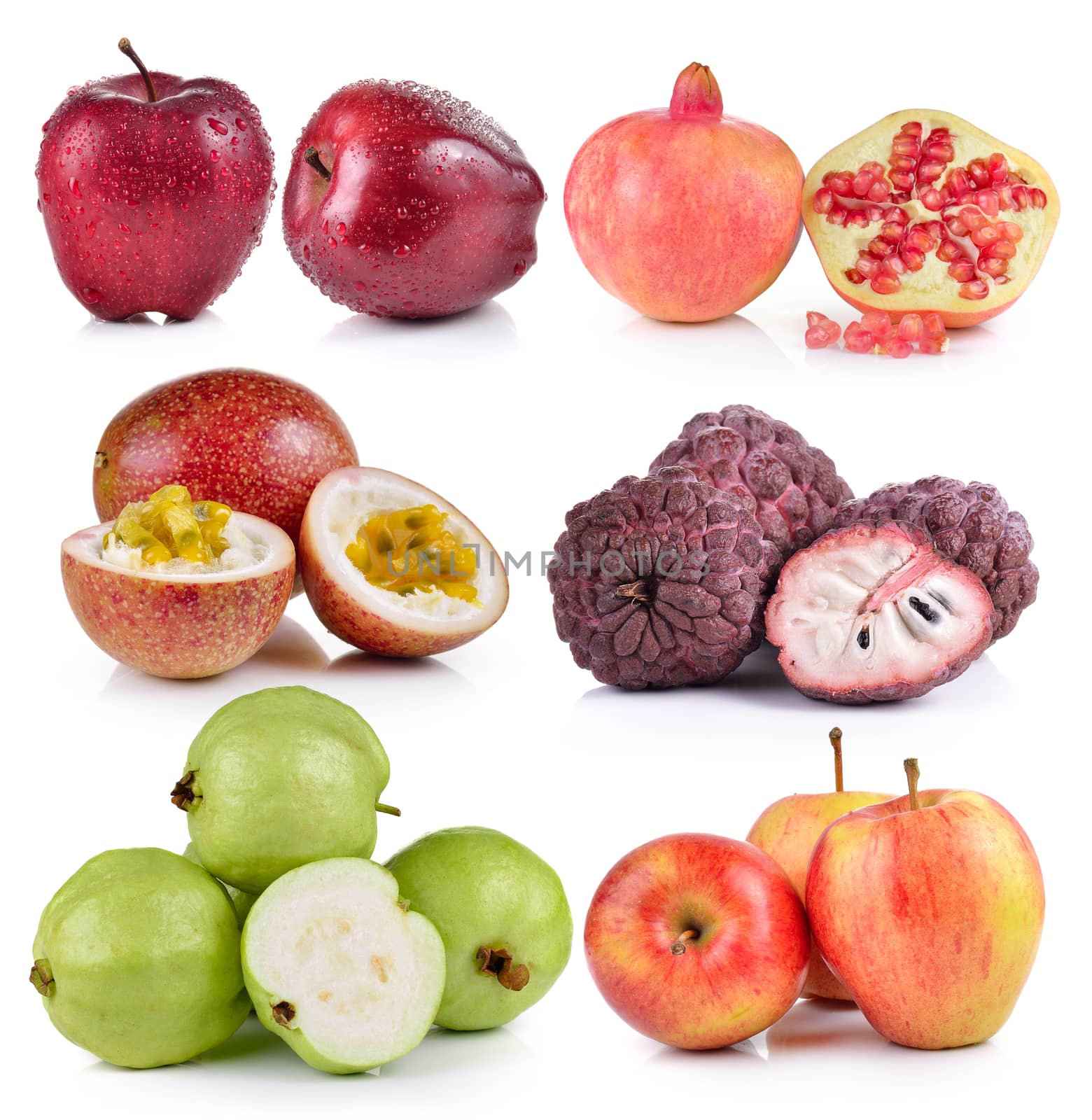 guava, apple, custard apple, Passion fruit, pomegranates on whit by sommai