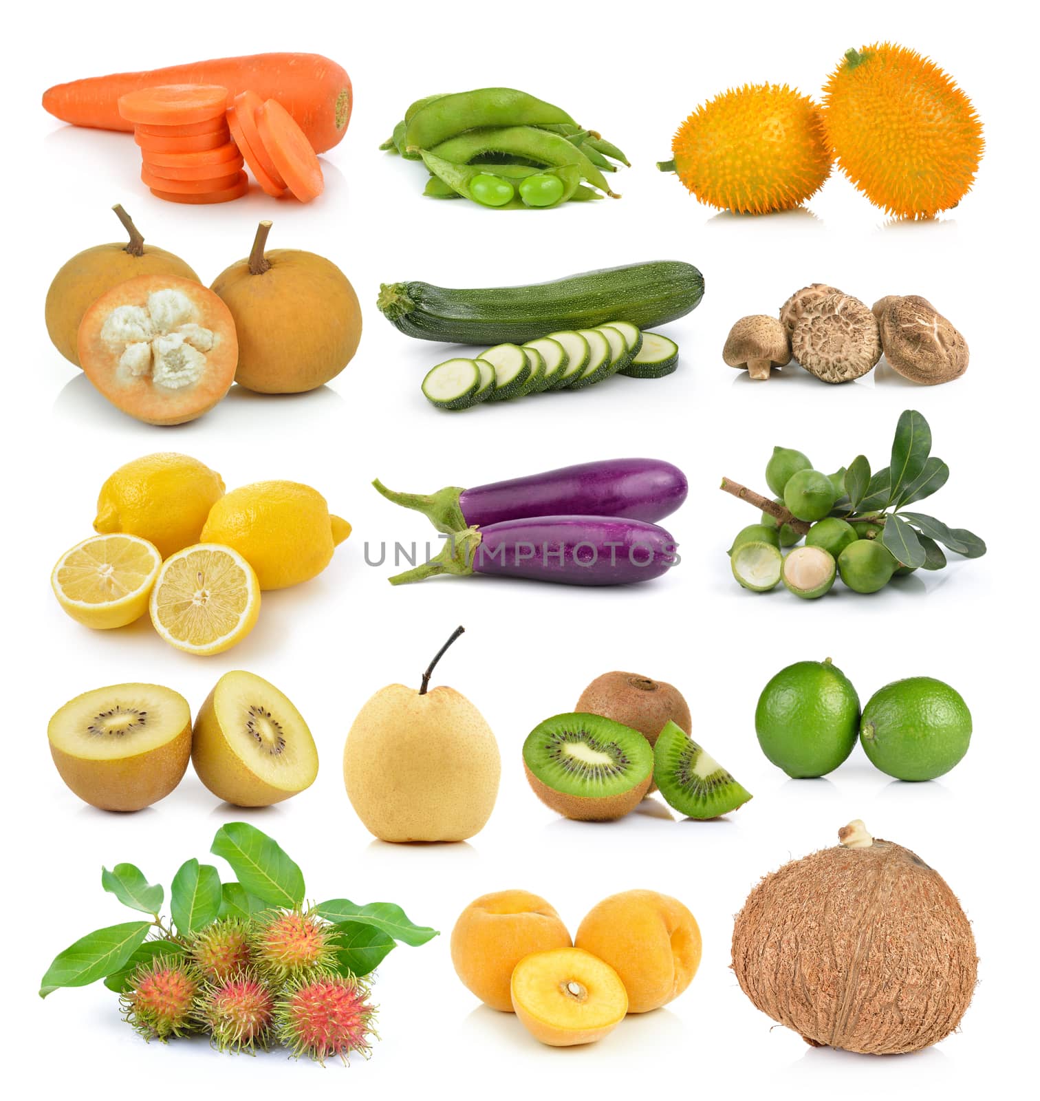 Santol, carrots, peas, mushrooms, zucchini, lemon macadamia, coconut, kiwi, persimmon fruit spread on white background