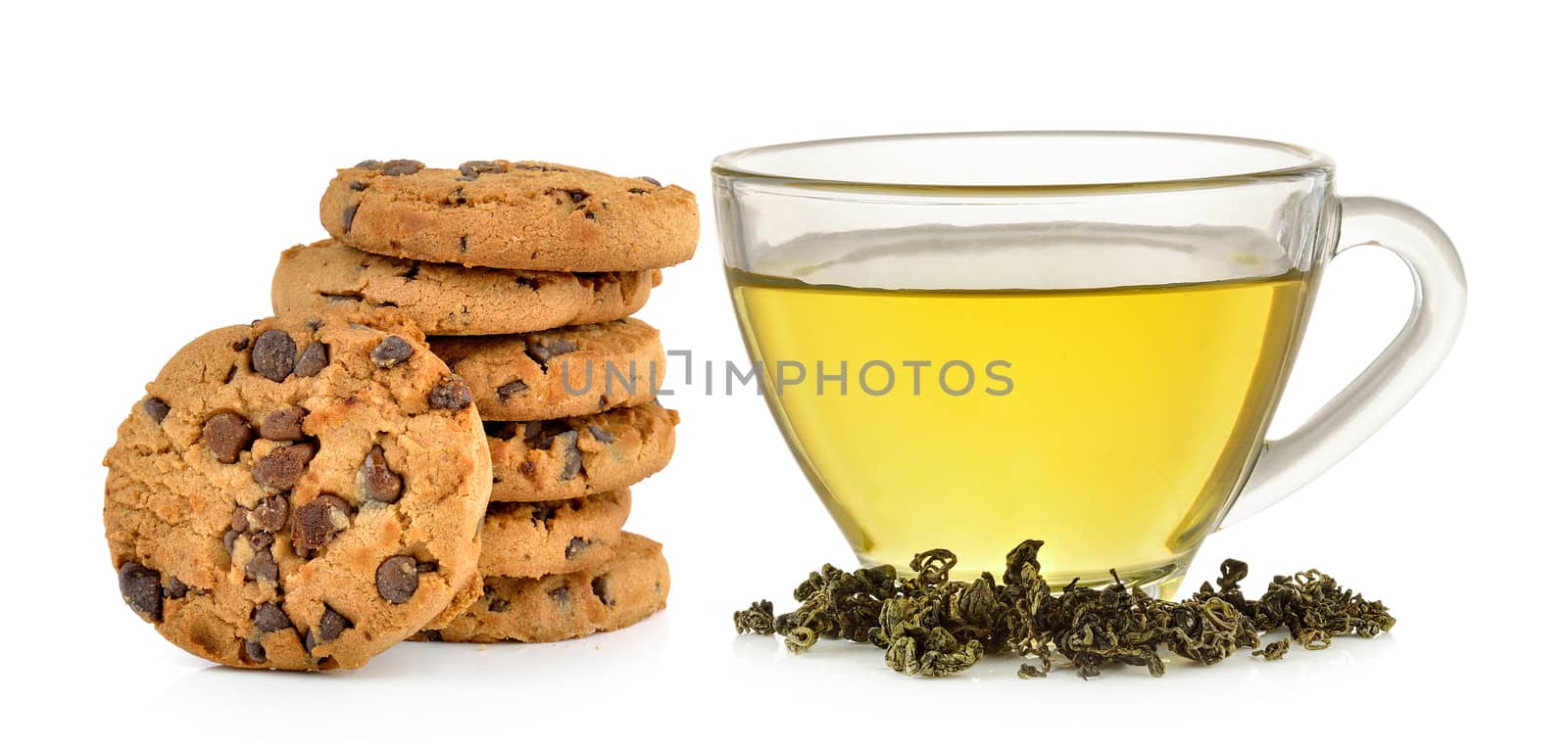 Glass cup of  green tea and Chocolate chip cookie on white background