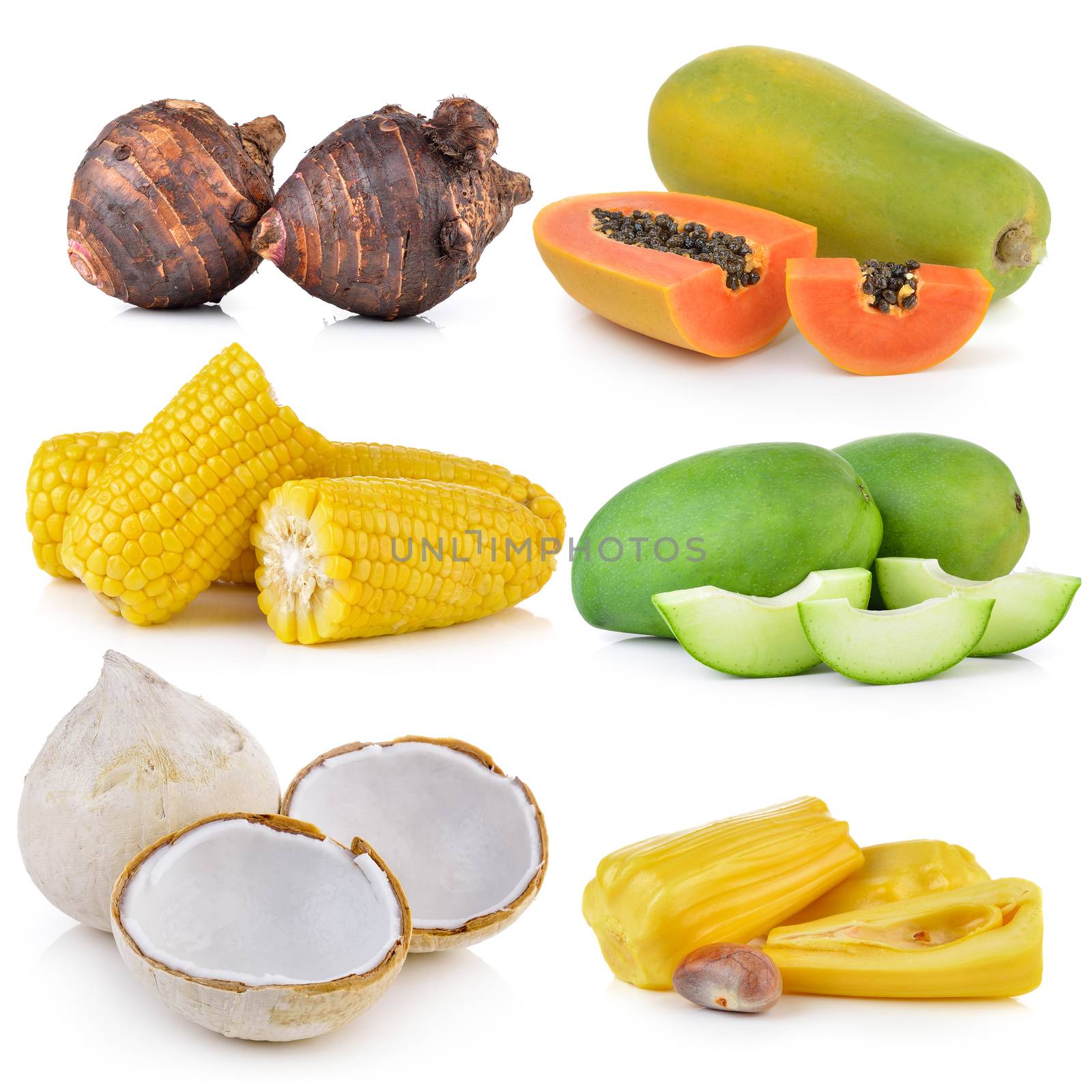 boil coconut, green mango, corn, jack fruit,  taro roots, papaya on white background