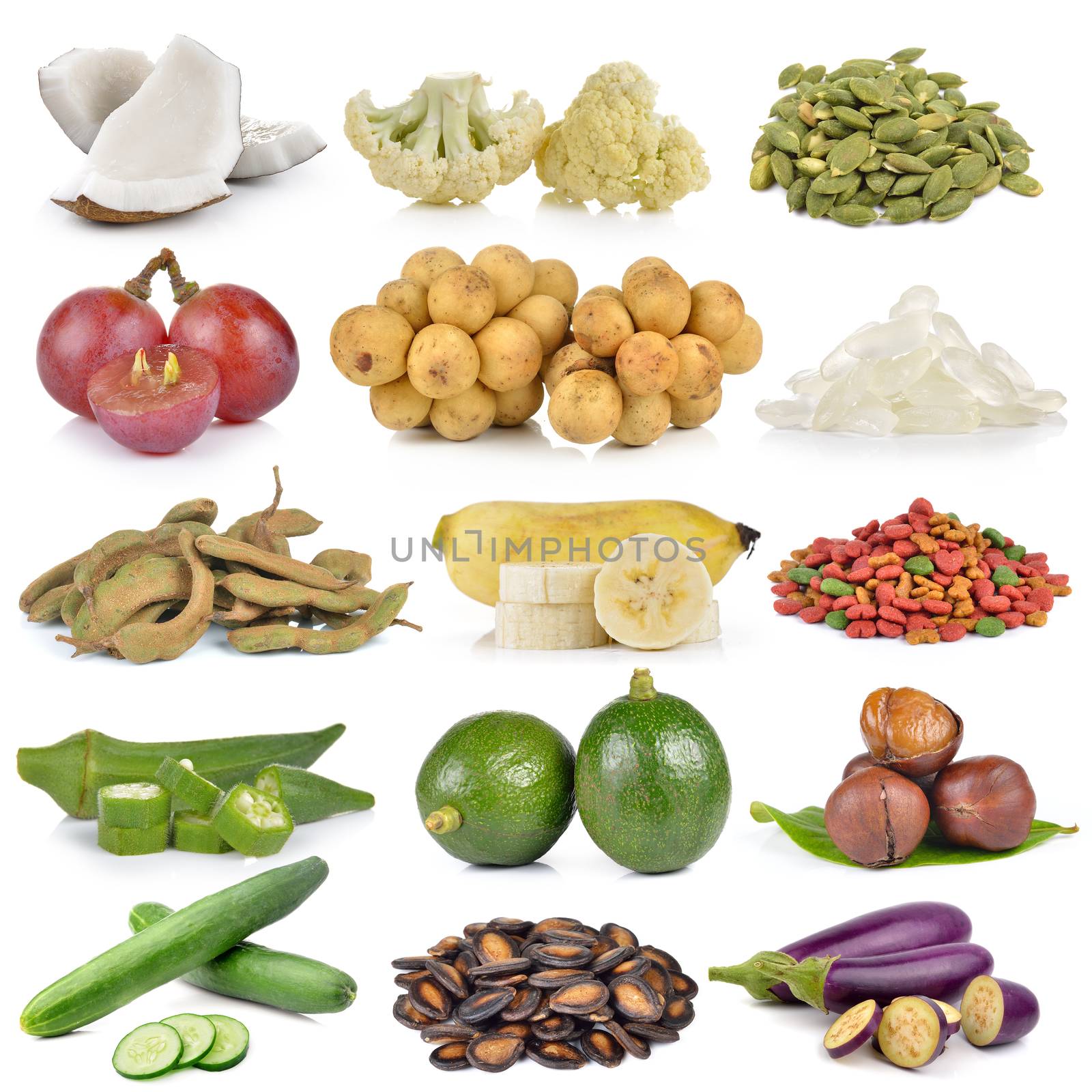 Cauliflower, pumpkinseeds, coconut, grape, banana PalmSeed, feed, okra, avocado, chestnuts, eggplant, cucumber, watermelonseeds on white background