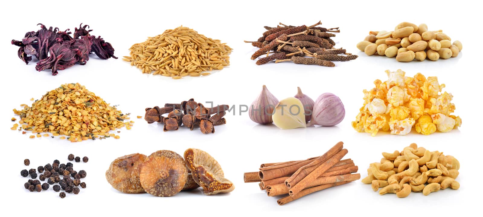 Dried figs, pepper corn, chili seeds, Spice cloves, rice grains, by sommai