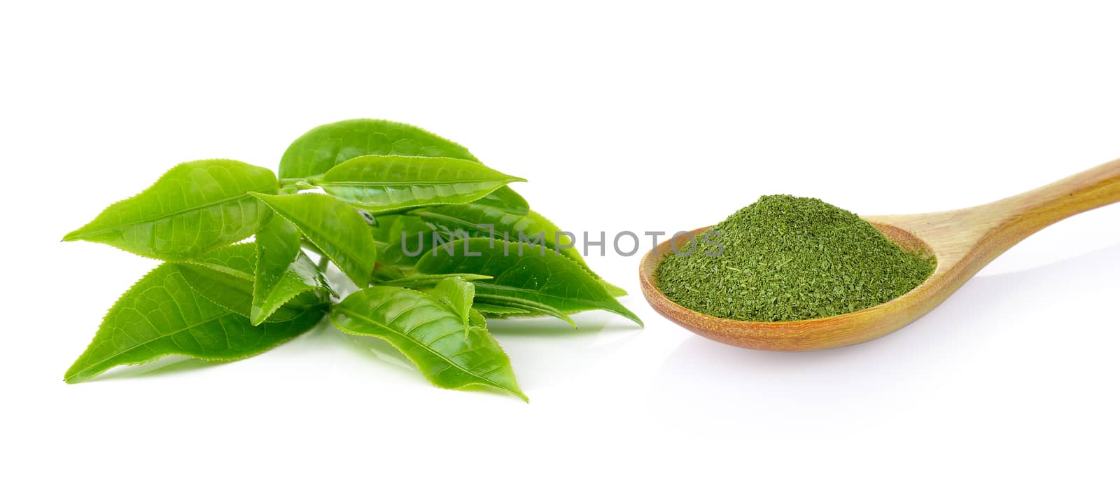 tea leaf and dry green tea isolated on white background by sommai