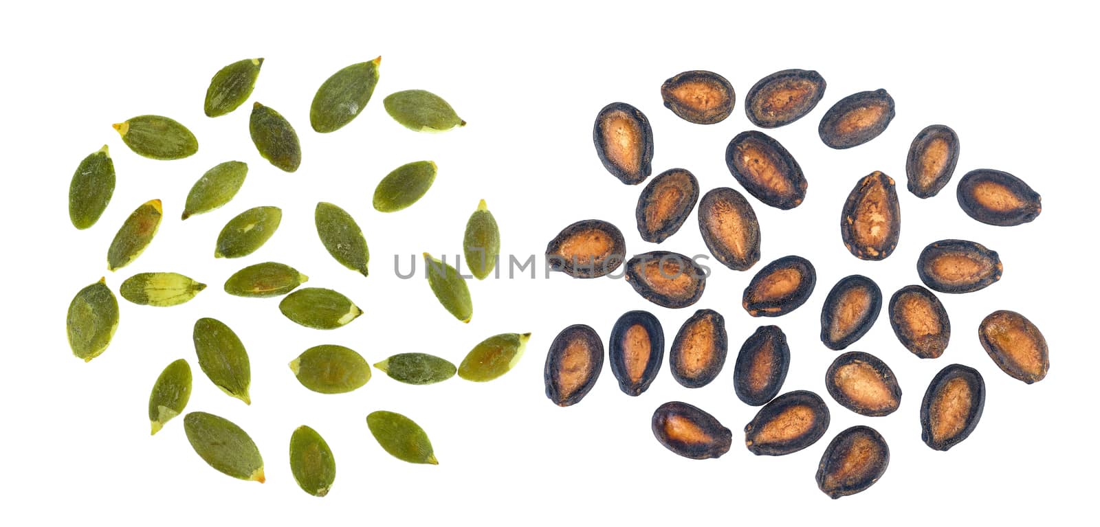 watermelon and pumpkin seeds and isolated on white background by sommai
