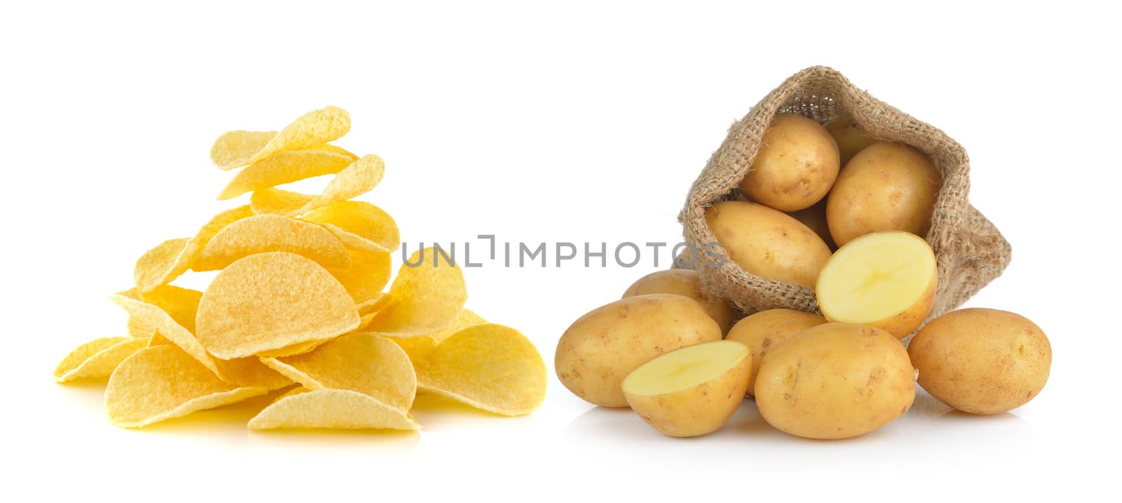  potato in the sack and Potato chips on white background by sommai