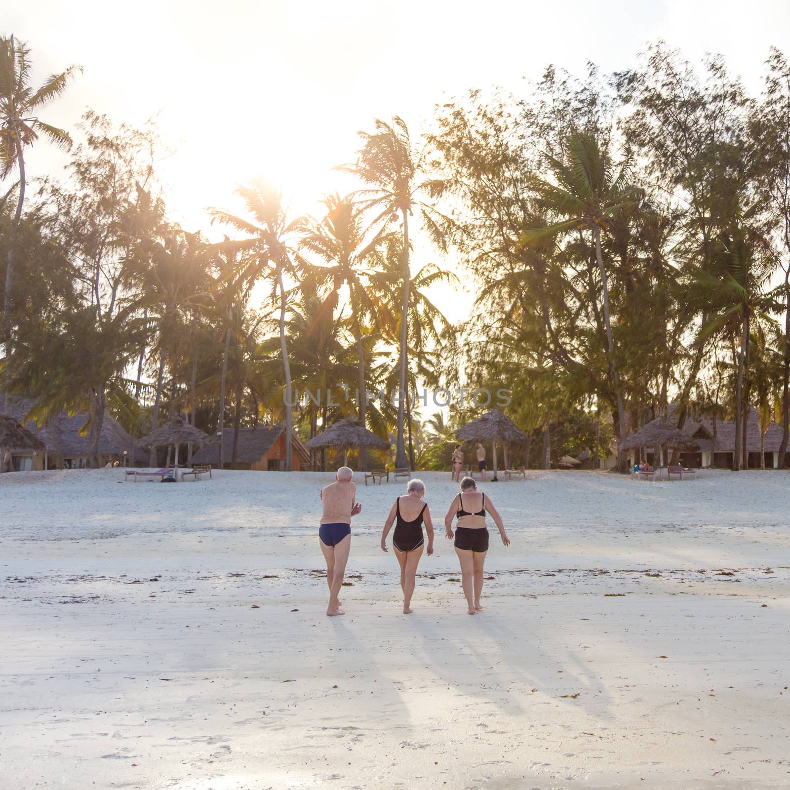 Group of Senior Friends Enjoying Beautiful Sunset Walk on the Beach. Exsotic Travel Vacation Retirement Lifestyle Concept.
