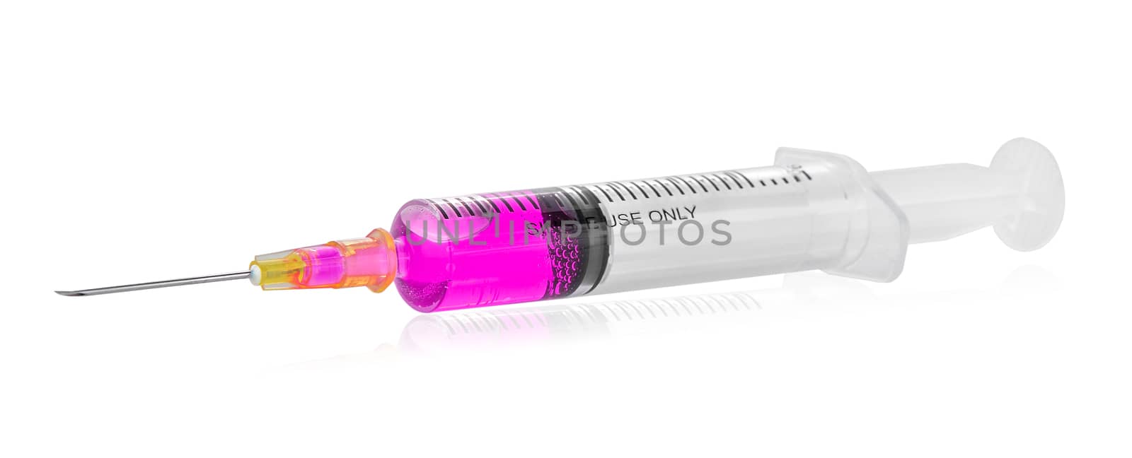 Medical syringe with red liquid isolated on white background by sommai