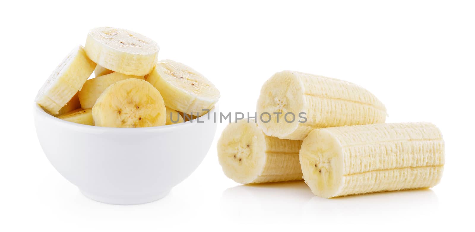 slice banana in bowl on white background by sommai