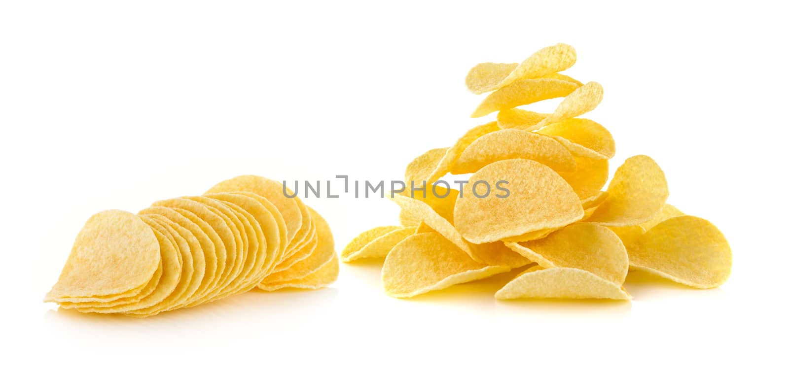 Potato chips on white background