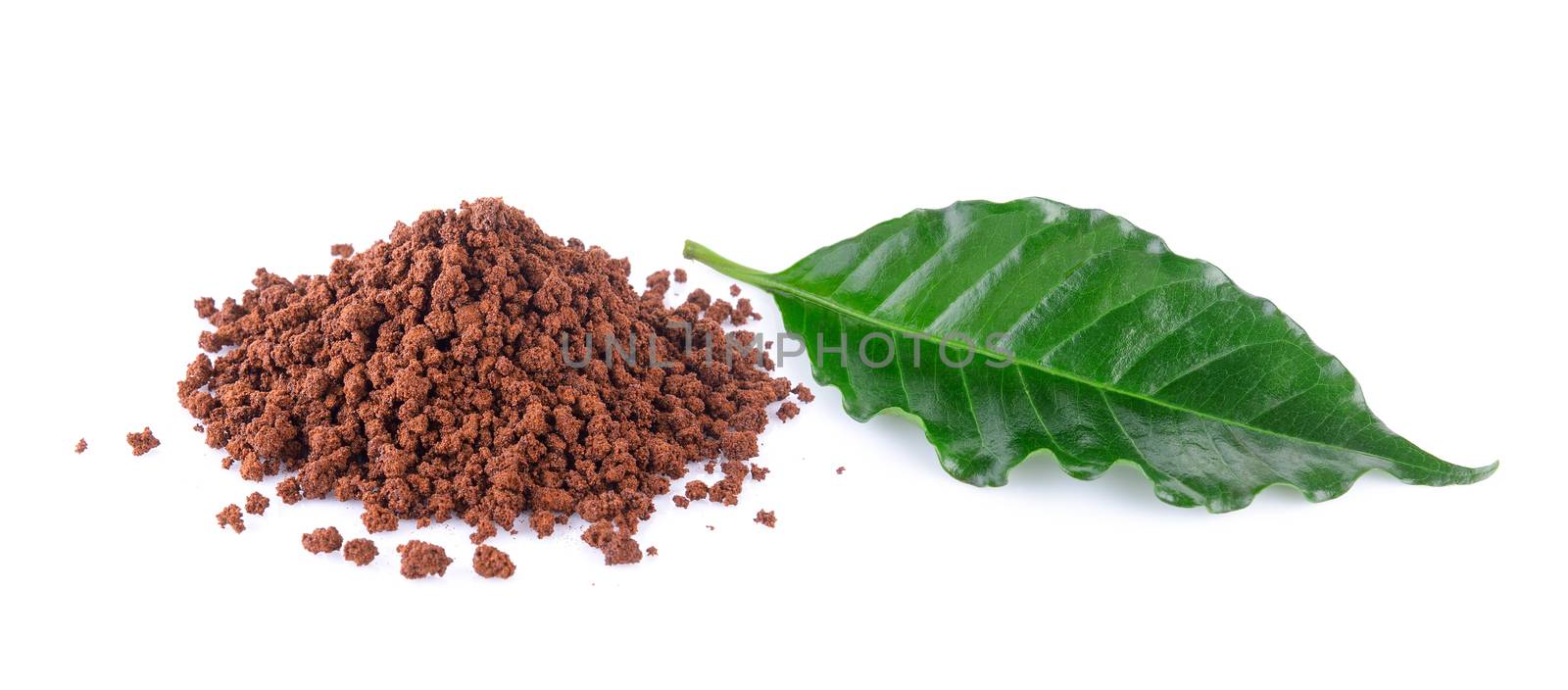 instant coffee and leaves on white background by sommai