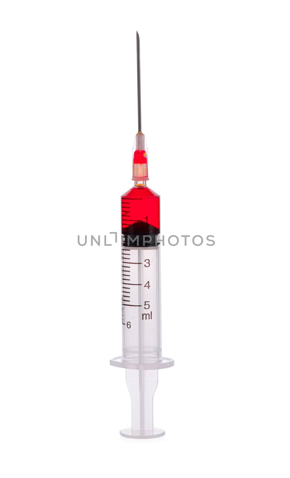  plastic syringe with red liquid isolated on white background