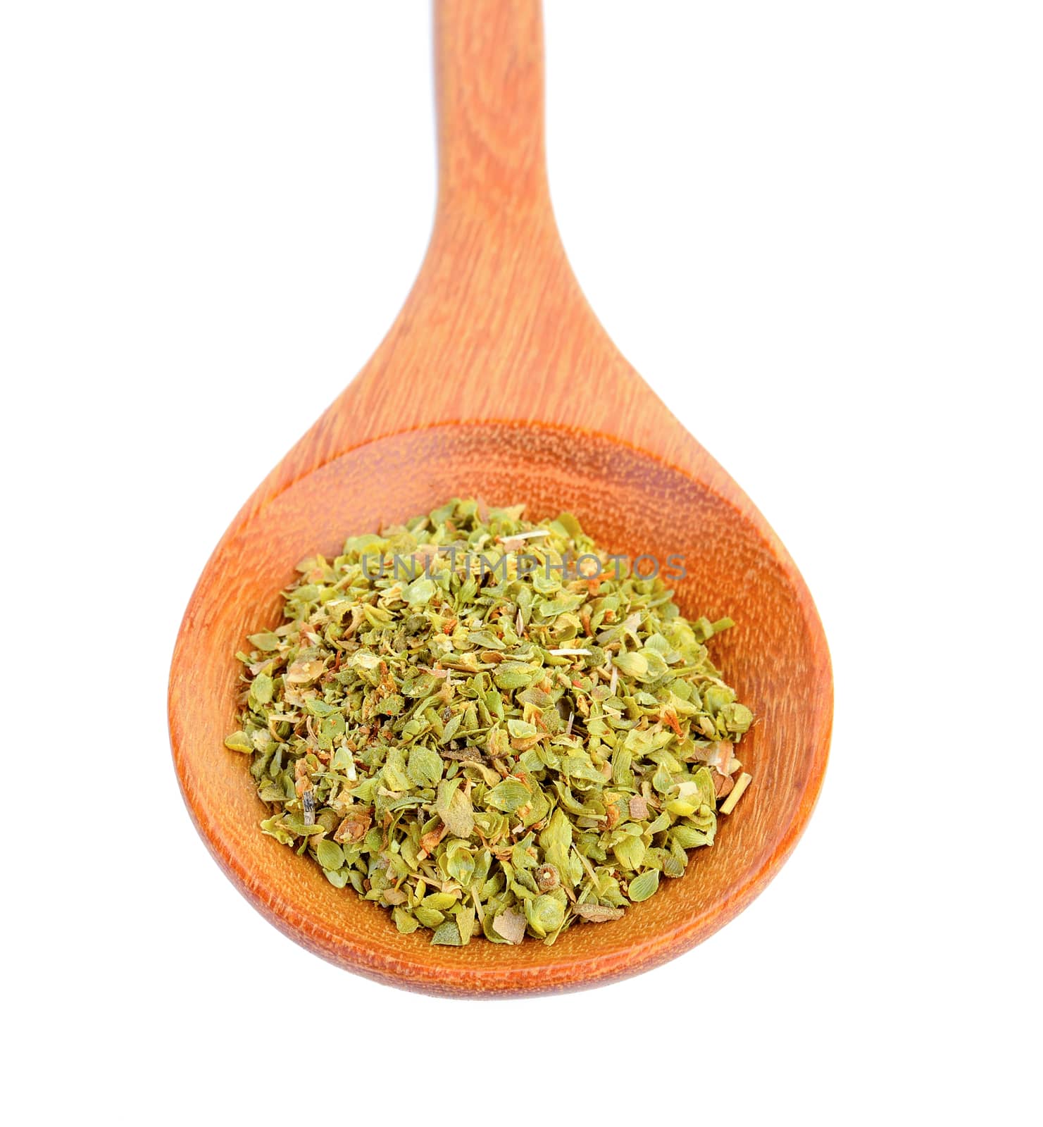 Dried Oregano in wood spoon on white background