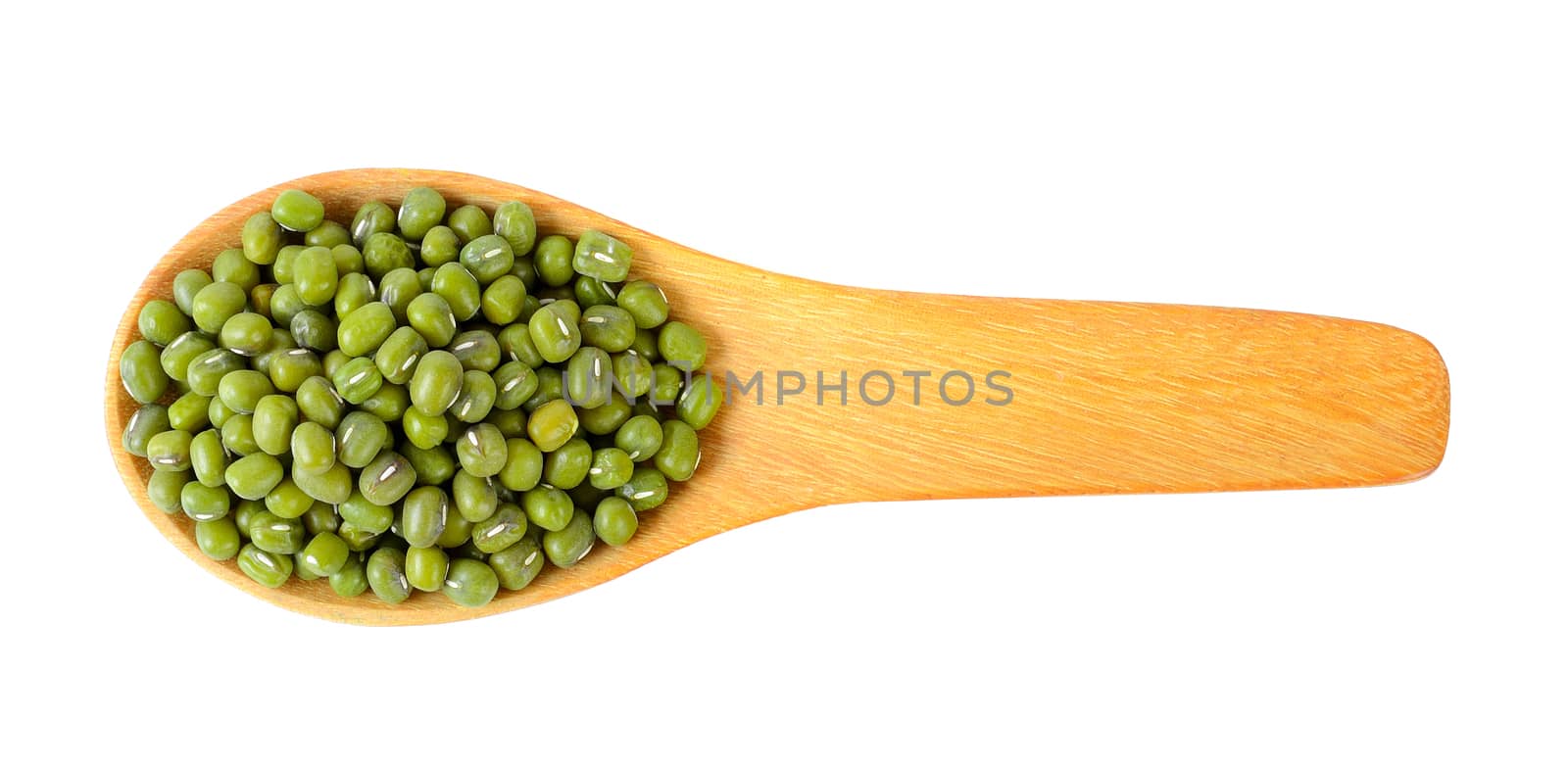 green bean in wood spoon on white background