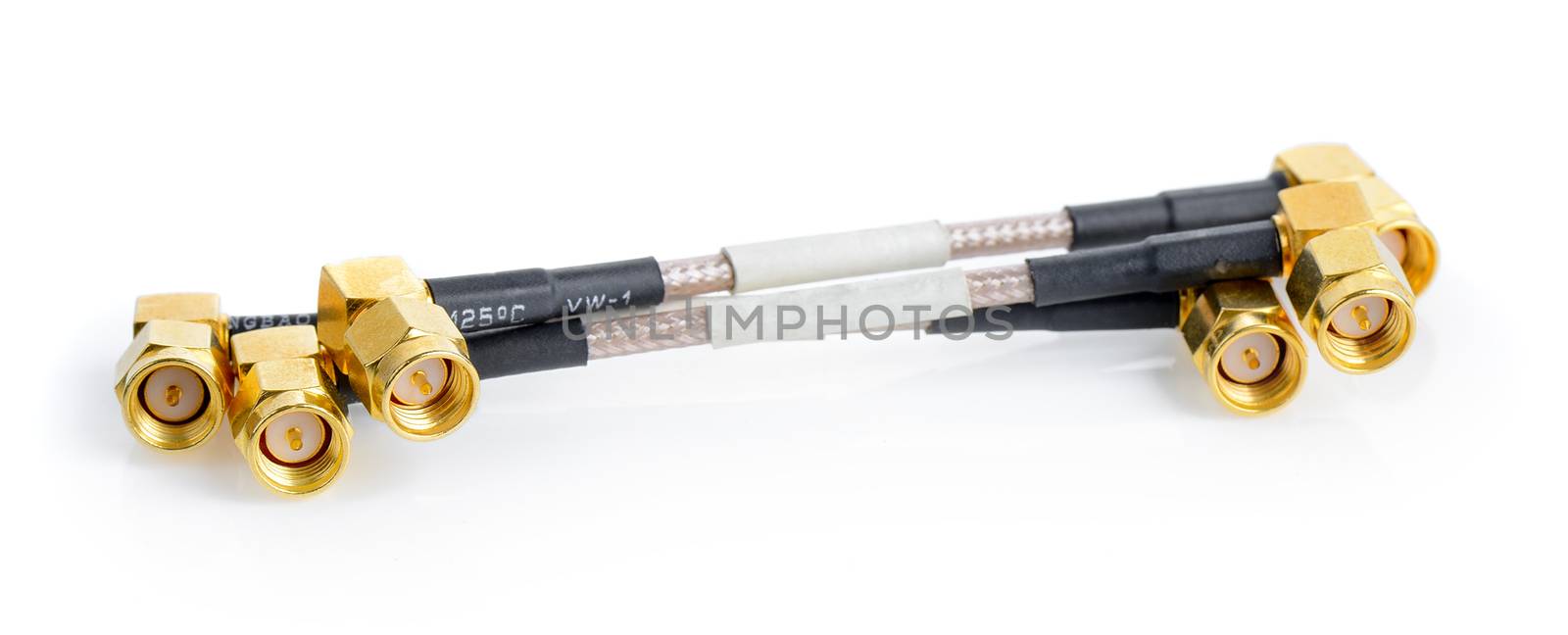 High-frequency SMA connectors isolated on white background. Gold plated pins.