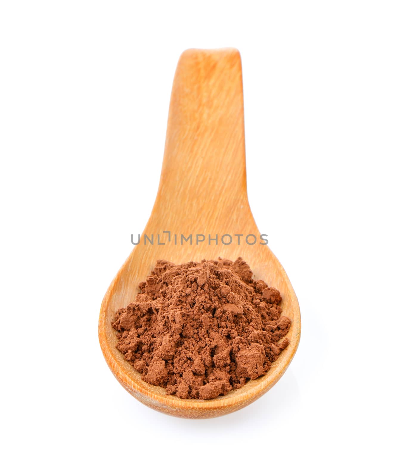 Cocoa powder in a wood spoon on white background