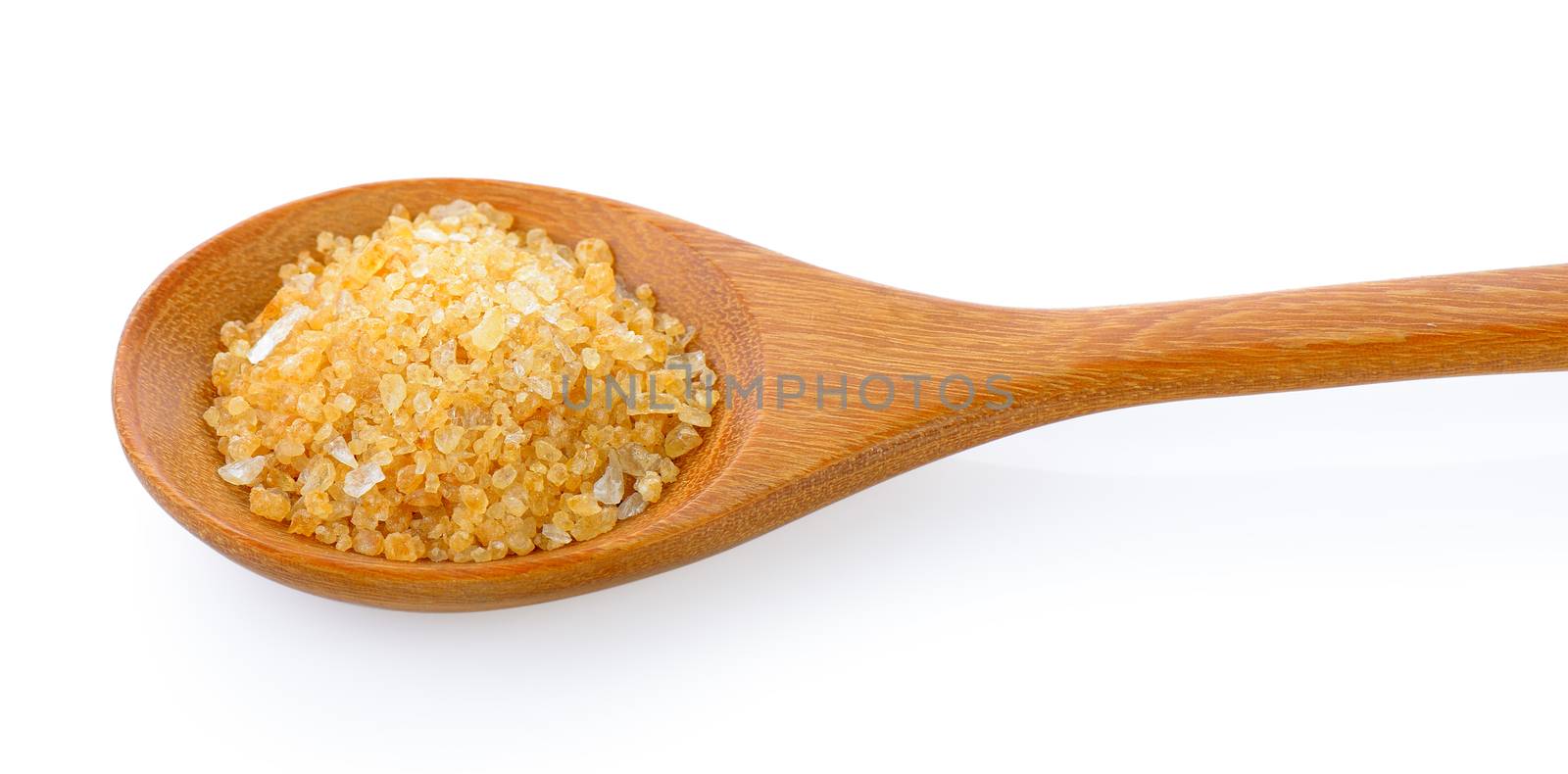 Sugar for coffee in wood spoon on white background