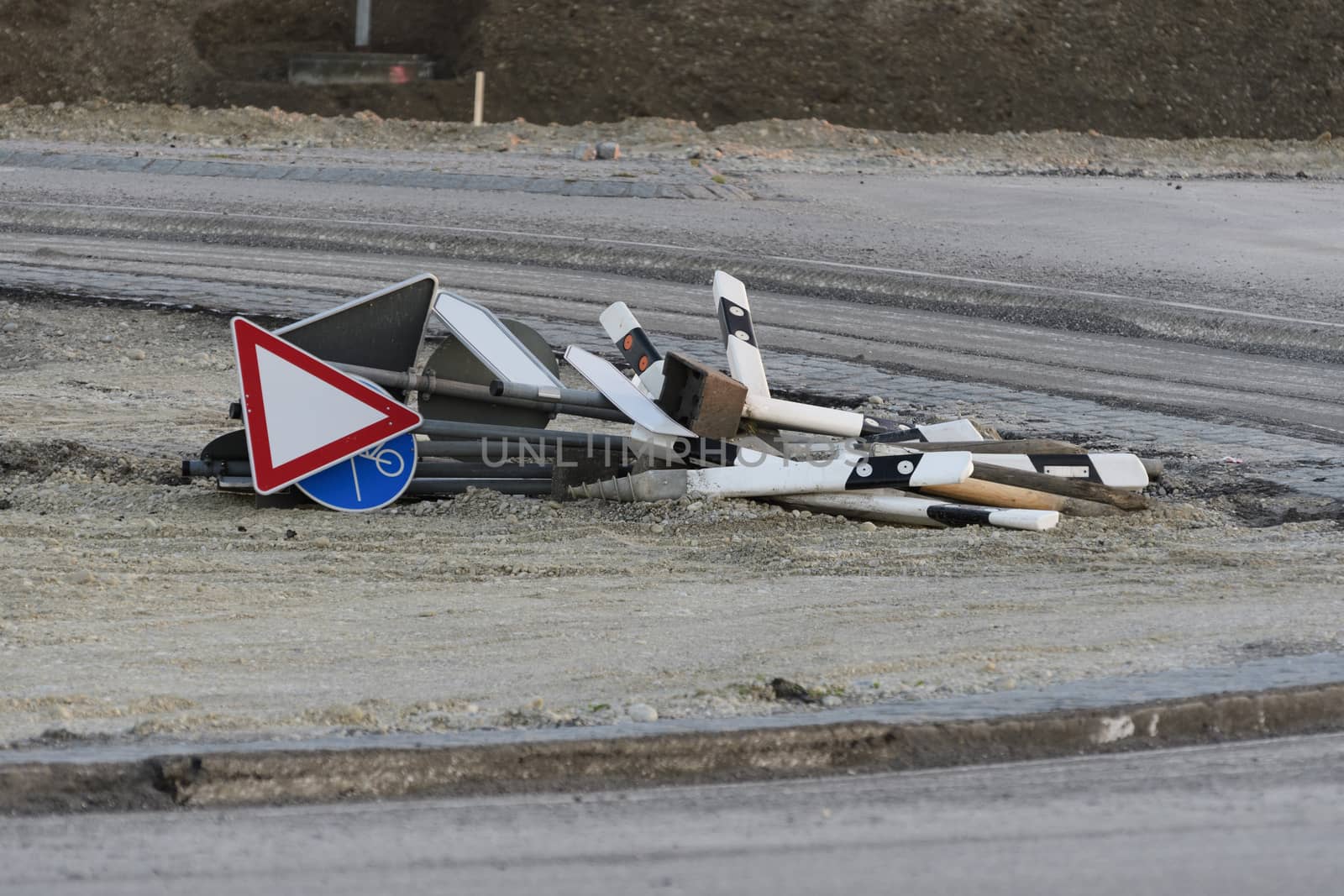 Piled street signs on a construction site in Maisach, Bavaria